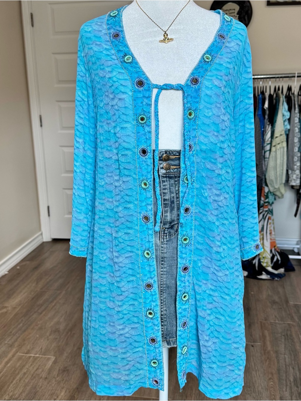 Letarte Turquoise Tie-Front Fairy Maximalist Women’s Small Swim Coverup Cardigan